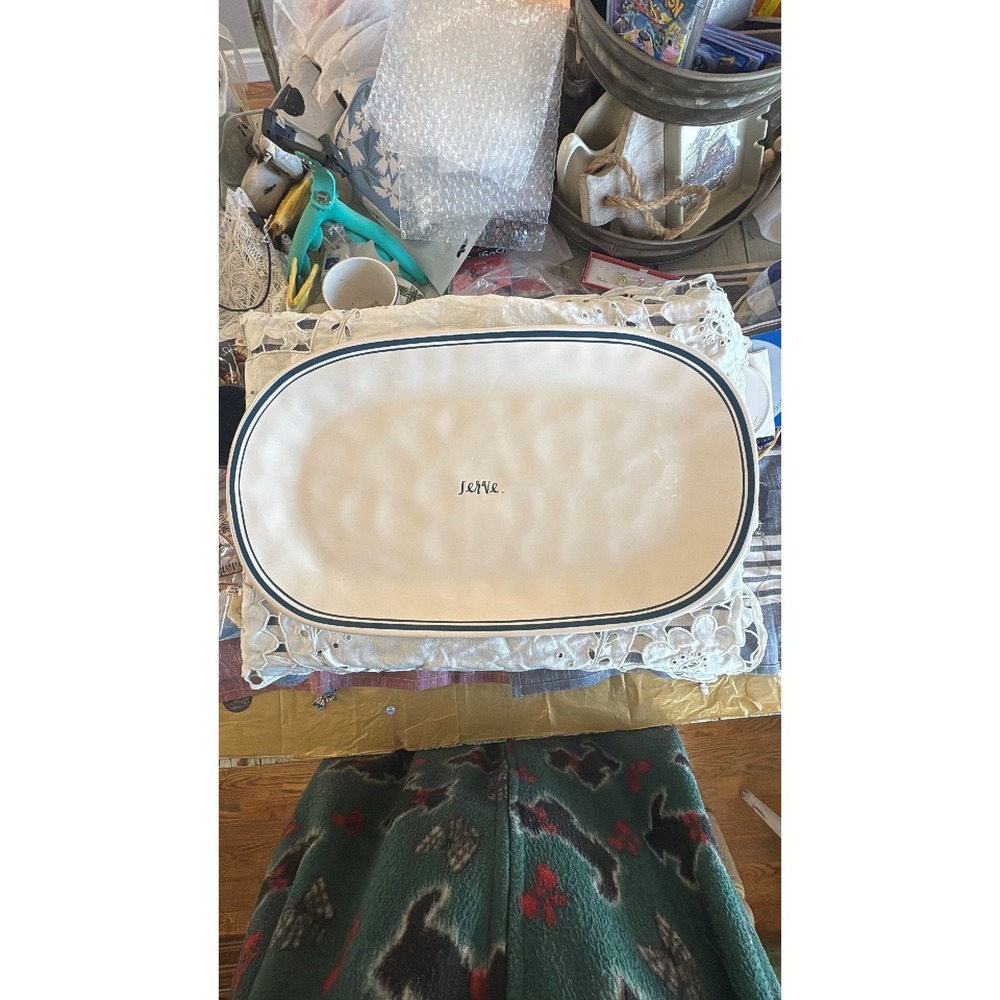 Rae Dunn SERVE platter blue line ceramic